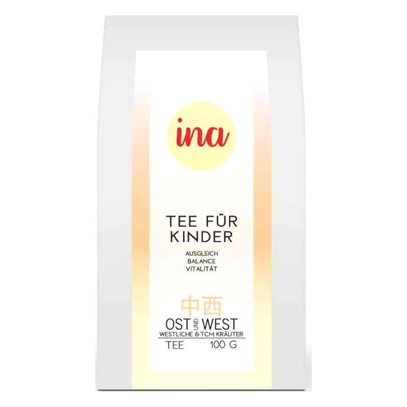 Verpackung eines speziellen Kindertees mit dem Namen 'Tee für Kinder', der Balance und Vitalität fördert.