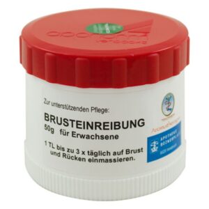 Runde Dose mit rotem Deckel, gefüllt mit 50 g Brustbalsam für Erwachsene zur unterstützenden Pflege.