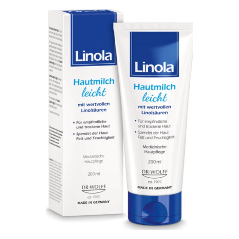Linola Hautmilch leicht in einer weißen Tube mit blauer Schrift, bietet Feuchtigkeit für empfindliche Haut.