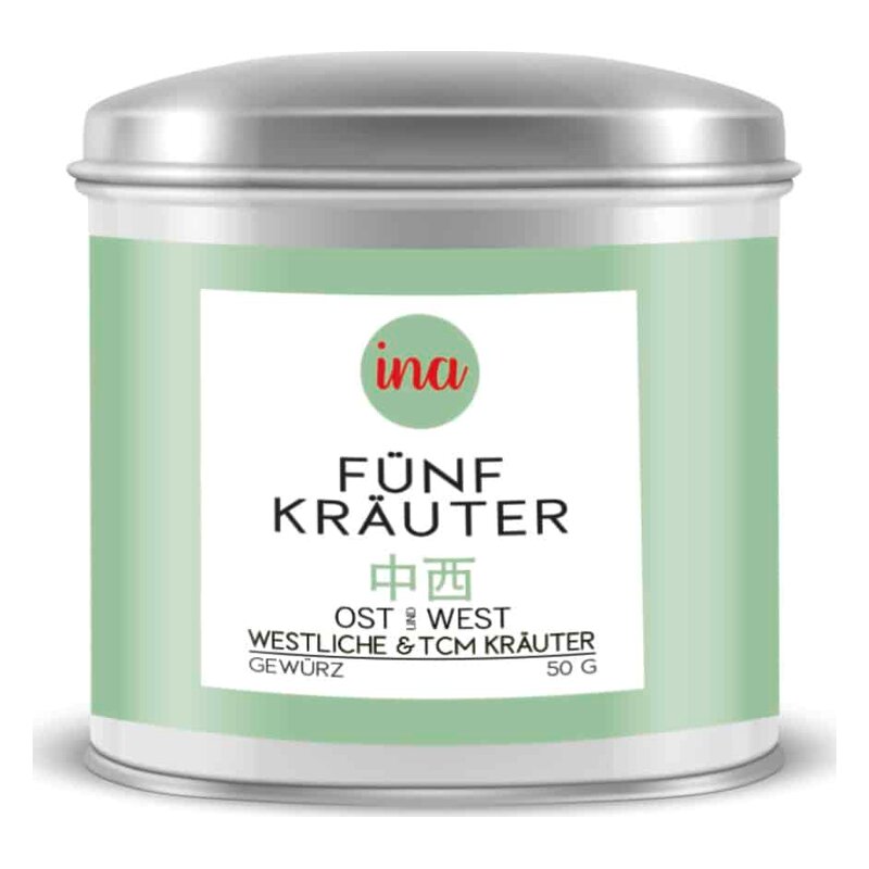 Runde Metalldose mit grünem Etikett, beschriftet mit 'Fünf Kräuter', für Gewürze, 50 g Inhalt.