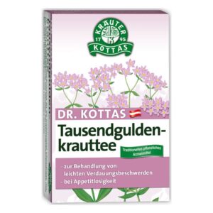Verpackung von Dr. Kottas Tausendguldenkrauttee mit blühenden Pflanzenmotiven und Anwendungshinweisen für Verdauungsbeschwerden.