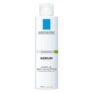 Flasche mit La Roche-Posay KERIUM Anti-Schuppen Shampoo-Gel für fettige Schuppen, 200 ml, weiß mit blauer und grüner Markierung.