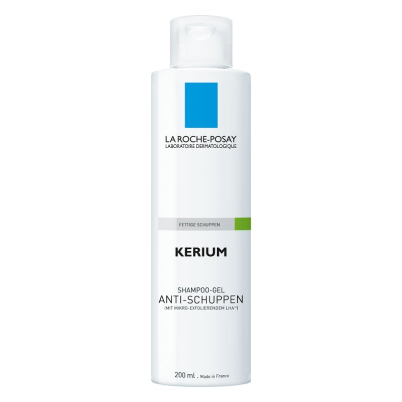 Flasche mit La Roche-Posay KERIUM Anti-Schuppen Shampoo-Gel für fettige Schuppen, 200 ml, weiß mit blauer und grüner Markierung.