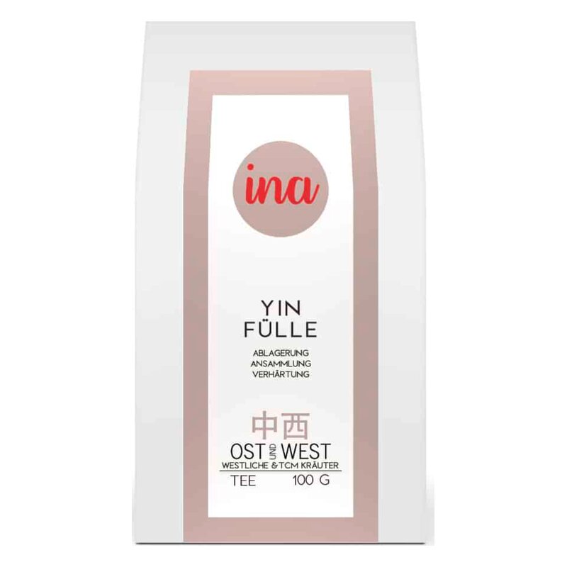 Teeverpackung mit der Aufschrift 'YIN FÜLLE' und Hinweisen zu Inhaltsstoffen und Verwendung.
