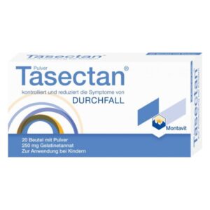 Verpackung von Tasectan Pulver zur Kontrolle und Reduzierung von Durchfallsymptomen, zur Anwendung bei Kindern.