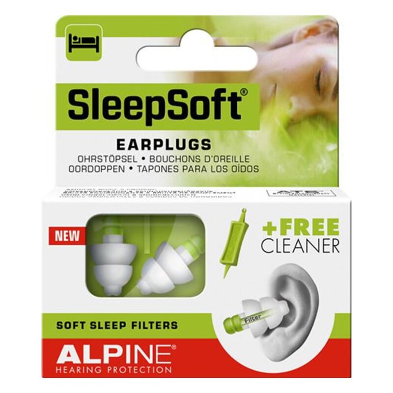 Verpackung mit Ohrstöpseln von Alpine, die dazu beitragen, den Schlaf zu verbessern, inklusive einem kostenlosen Reinigungswerkzeug.