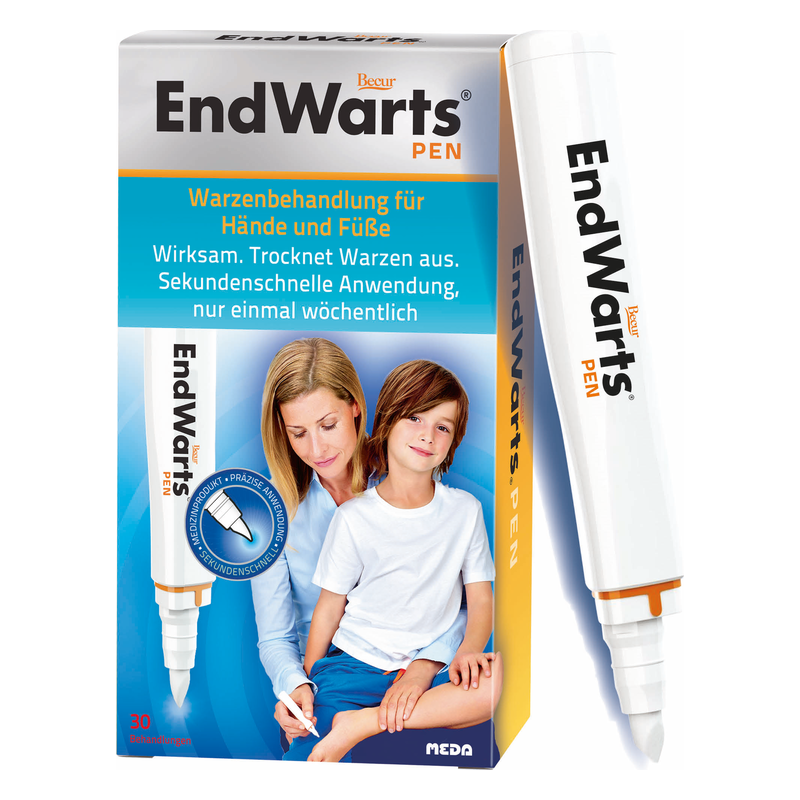 Verpackung des EndWarts PEN zur Warzenbehandlung mit Anweisungen und Anwendungshinweisen auf der Box.