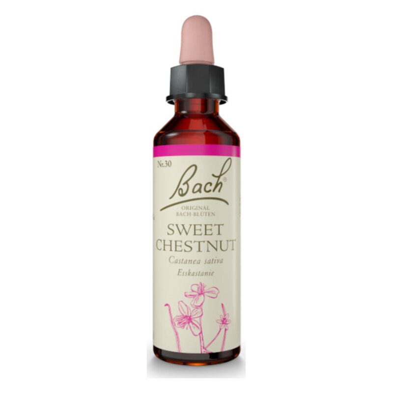 Flasche mit Bachblüten-Essenz "Sweet Chestnut" im Glas, braun, mit Pipette, etikettiert mit Blumenmotiv.