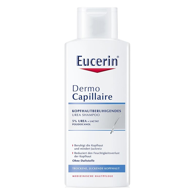 Flasche mit Eucerin Dermo Capillaire Kopfhautberuhigendem Urea Shampoo, ohne Duftstoffe, 5% Urea.