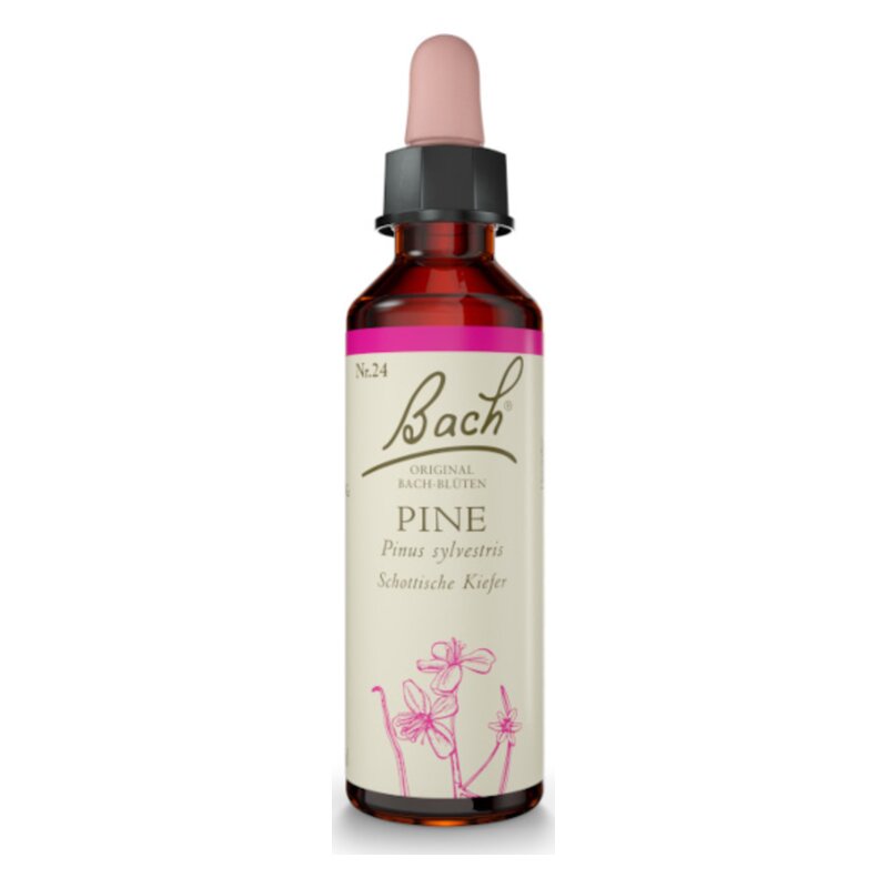 Flasche mit Bachblüten-Tropfen "Pine" für emotionale Balance, mit rosa Pipette und floralem Etikett.
