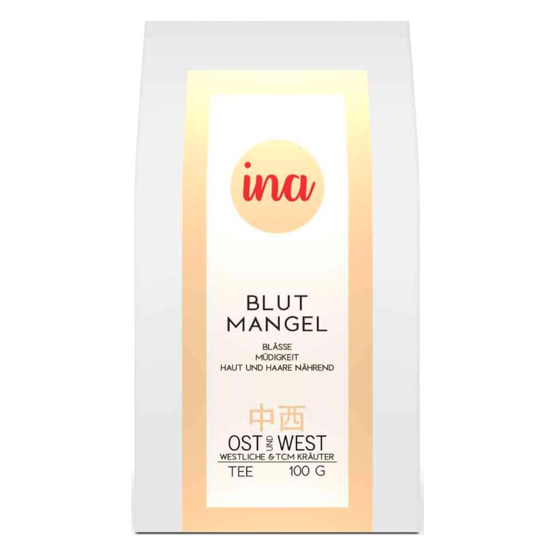 Verpackungssack für Tee mit der Aufschrift "Blut Mangel" und Hinweisen zu Nährstoffen für Haut und Haare.