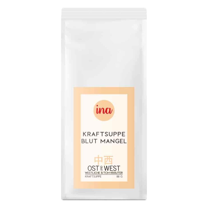 Verpackung einer Kraftsuppe gegen Blutmangel in transparenter Tüte mit orangefarbenem Etikett.