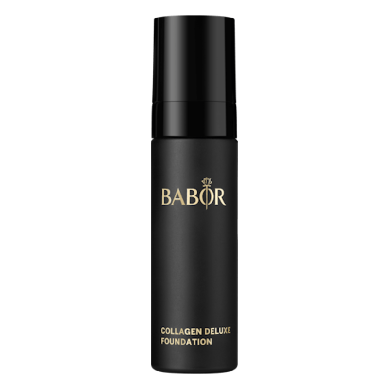 Schwarze Flasche mit Pumpe, beschriftet mit "BABOR COLLAGEN DELUXE FOUNDATION" in goldener Schrift.