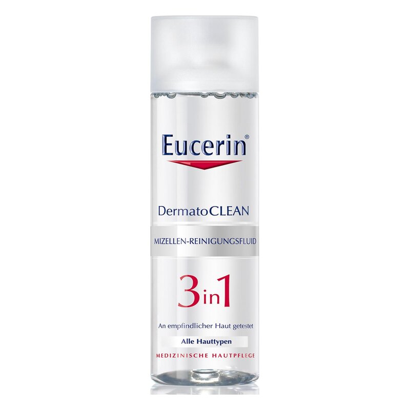 Eucerin DermatoCLEAN Mizellen-Reinigungsfluid in transparenter Flasche mit weißem Deckel, für empfindliche Haut geeignet.