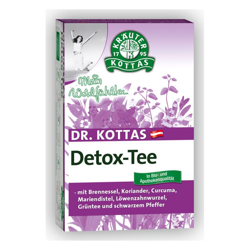 Verpackung von Dr. Kottas Detox-Tee in Bio- und Apothekenqualität, mit Kräutern wie Brennnessel und Curcuma.