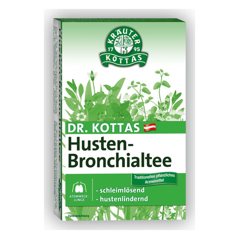 Paket mit Dr. Kottas Husten-Bronchialtee, grüne Verpackung mit Kräutermotiven und Wirkungsangaben.