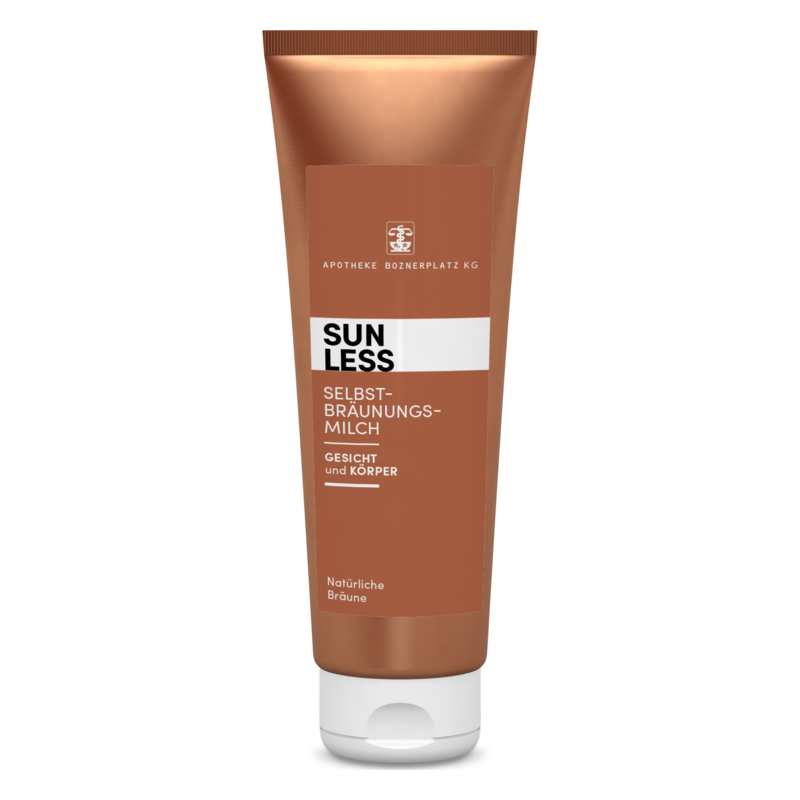 Braune Tube mit Selbstbräunungsmilch für Gesicht und Körper, beschriftet mit "SUN LESS" und "Natürlich Bräune".