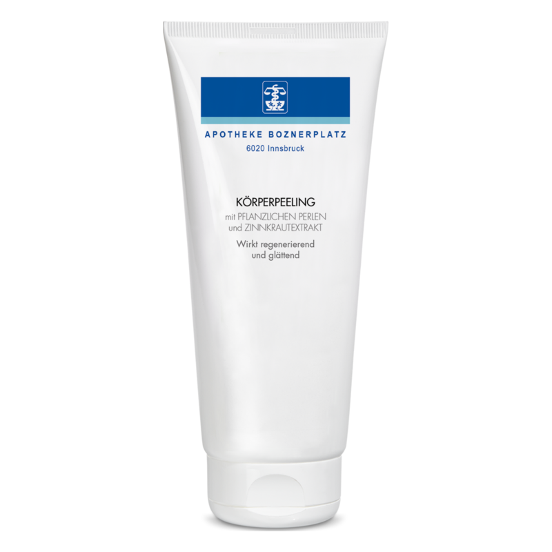 Tube mit Körperpeeling, das pflanzliche Perlen und Zinkkrautextrakt enthält, regenerierend und glättend.