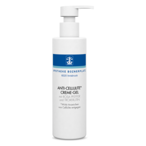 Eine weiße Pumpflasche mit Anti-Cellulite Creme-Gel, enthält rosa Pfeffer und Troxerutin.