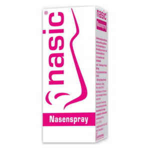 Verpackung eines Nasensprays mit pinker Schrift und Abbildung eines Nasensprays, 15 ml Inhalt.