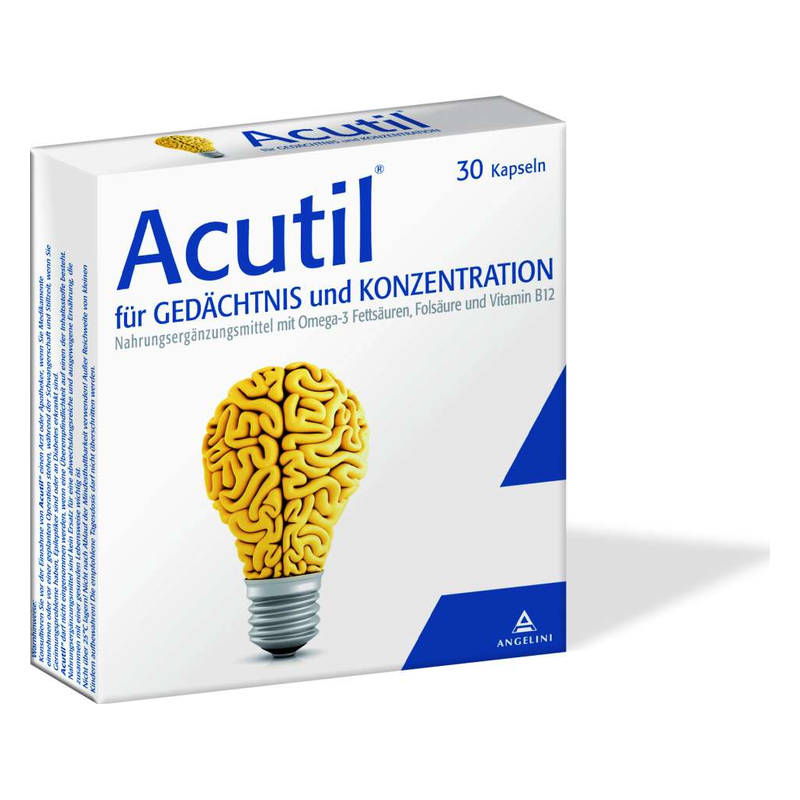 Verpackung des Nahrungsergänzungsmittels Acutil für Gedächtnis und Konzentration mit einer Glühbirne in Form eines Gehirns.