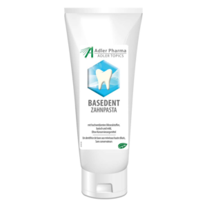 Tube mit BASIDENT Zahnpasta, ausgewiesen für ihre sanften Inhaltsstoffe ohne Konservierungsstoffe.