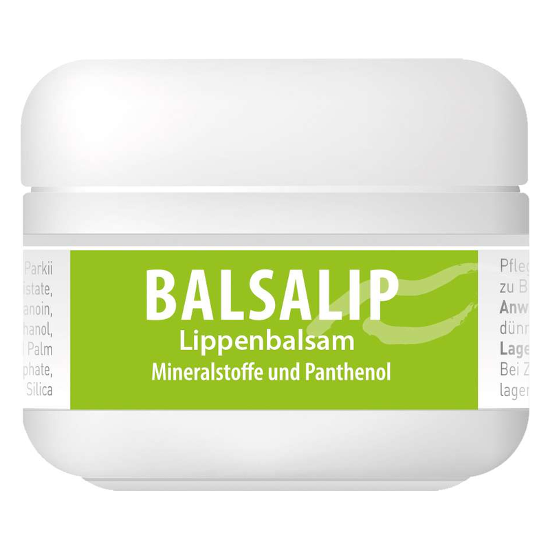 Weißer Behälter mit grünem Etikett, beschriftet mit "BALSALIP Lippenbalsam" und Inhaltsstoffen.