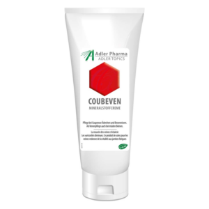 Tube mit mineralstoffreicher Creme namens Coubeven zur Behandlung von Couperose und venösen Beschwerden.