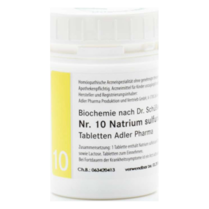 Runddose mit homöopathischen Tabletten, beschriftet mit "Nr. 10 Natrium sulfuricum" und Hinweisen zur Anwendung.
