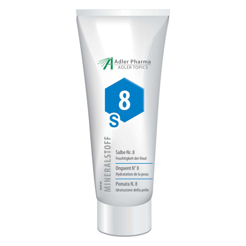 Tubus mit Hautpflege-Salbe Nr. 8, betont feuchtigkeitsspendende Eigenschaften in mehreren Sprachen.