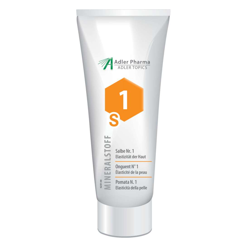 Tube mit einer Salbe zur Verbesserung der Hautelastizität, mit klaren Angaben und einem orangefarbenen Etikett.