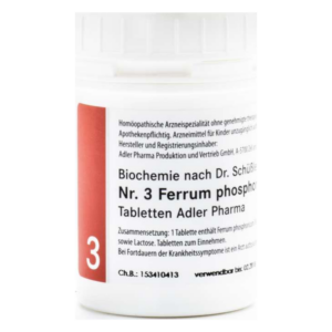 Runddose mit weißen Tabletten für homöopathisches Arzneimittel Ferrum phosphoricum von Adler Pharma.