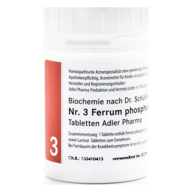 Runddose mit weißen Tabletten für homöopathisches Arzneimittel Ferrum phosphoricum von Adler Pharma.