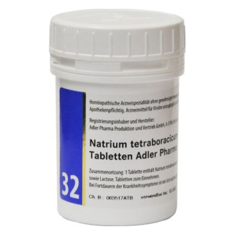 Weißes Fläschchen mit Schraubverschluss, gefüllt mit homöopathischen Natriumtetraborat-Tabletten von Adler Pharma.