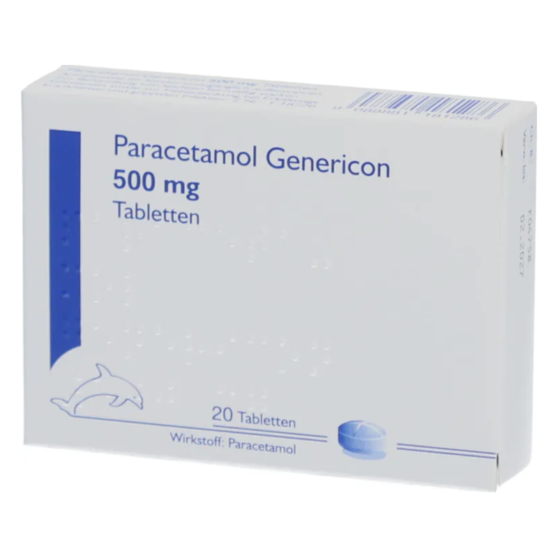 Weißes Medikamentenpackung mit blauer Schrift, enthält Paracetamol-Tabletten
