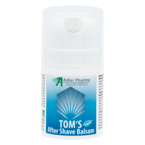 Weißer Pumpflakon mit blauer und grauer Etikettierung für TOM'S After Shave Balsam.