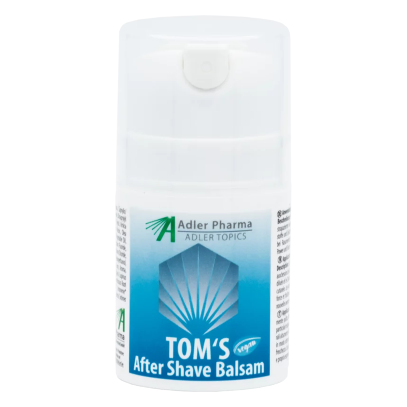Weißer Pumpflakon mit blauer und grauer Etikettierung für TOM'S After Shave Balsam.