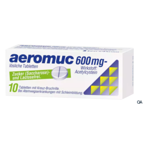 Packung mit aeromuc 600 mg, löslichen Tabletten zur Behandlung von Atemwegserkrankungen, Zucker- und Lactosefrei.