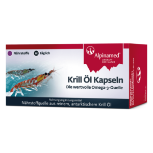 Verpackung von Krill Öl Kapseln mit Hinweis auf omega-3 Quelle und Nährstoffinformation, Illustrationen von Krill, Marke Alpinamed.