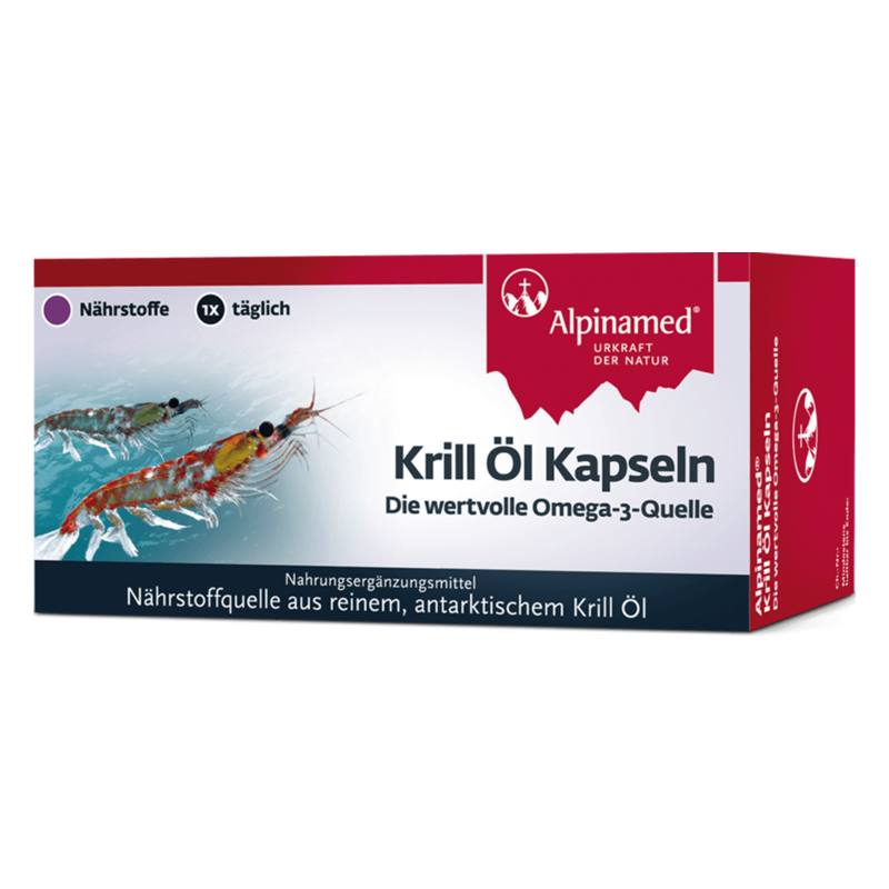 Verpackung von Krill Öl Kapseln mit Hinweis auf omega-3 Quelle und Nährstoffinformation, Illustrationen von Krill, Marke Alpinamed.