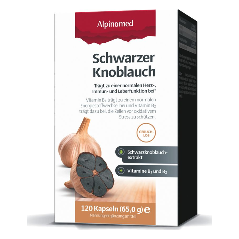 Packung mit schwarzem Knoblauchextrakt in Kapseln, Hinweise zu Inhaltsstoffen und gesundheitlichen Vorteilen.