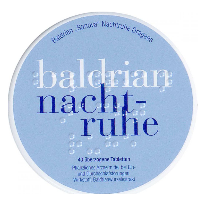 Runde Dose mit blauem Deckel, enthält überzogene Baldrian-Tabletten zur Unterstützung bei Schlafstörungen.
