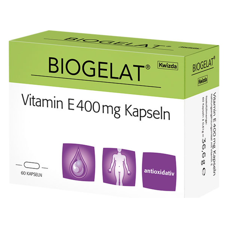 Verpackung von BIOGELAT Vitamin E 400 mg Kapseln in einer grünen Box mit Illustrationen der Kapsel und Nutzungshinweisen.