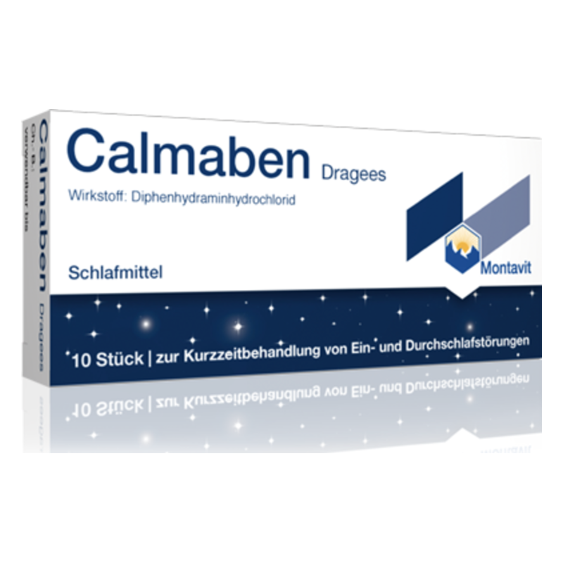 Packung Calmaben Dragees, Schlafmittel mit Diphenhydraminhydrochlorid, blaues Design mit Sternenhimmel.