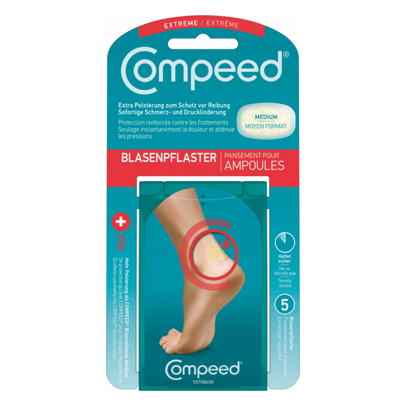 Verpackung eines Compeed Blasenpflasters in mittlerer Größe mit Bild eines Fußes und Beschreibung des Produkts.
