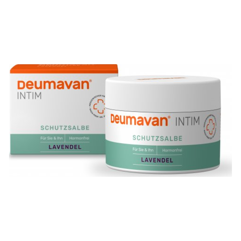 Deumavan Intim Schutzsalbe in glattem weißen Tiegel, umgeben von einer schützenden Verpackung mit lila und grünen Elementen.