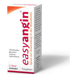 Kartonnage des Sprays "easyangin" zur Anwendung in der Mundhöhle, mit Angaben zu Inhaltsstoffen und Anwendungseigenschaften.
