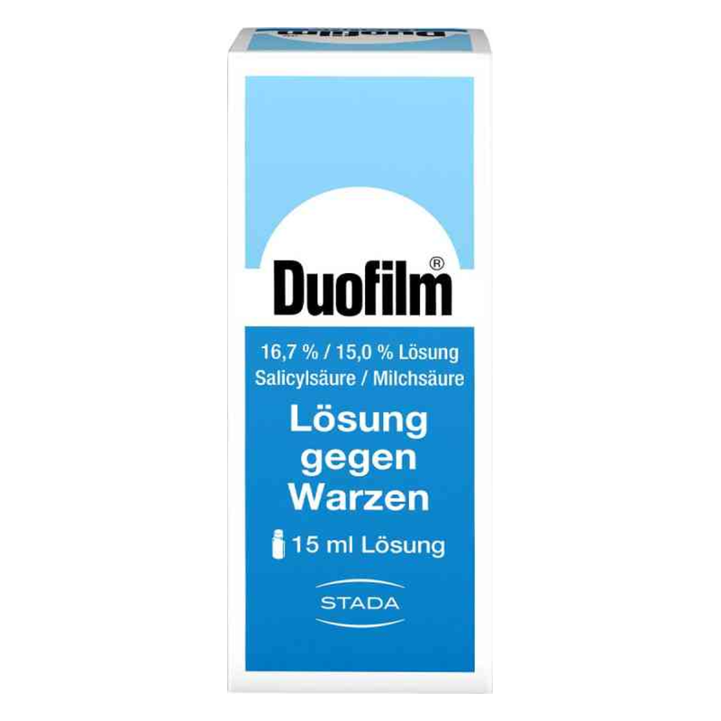 Duofilm Lösung gegen Warzen in einer blauen Packung mit der Angabe von Salicylsäure und Milchsäure.