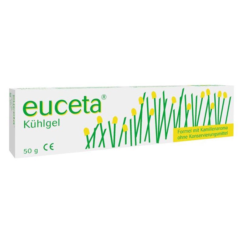 Verpackung von Euceta Kühlgel, weiß mit grünen Grashalmen und gelben Blüten, 50 g, ohne Konservierungsmittel.