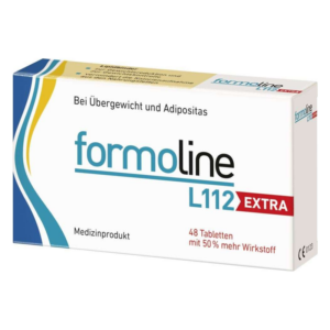 Verpackung von formoline L112 EXTRA, einem Medizinprodukt gegen Übergewicht, mit Beschreibung und Inhaltsinformationen.